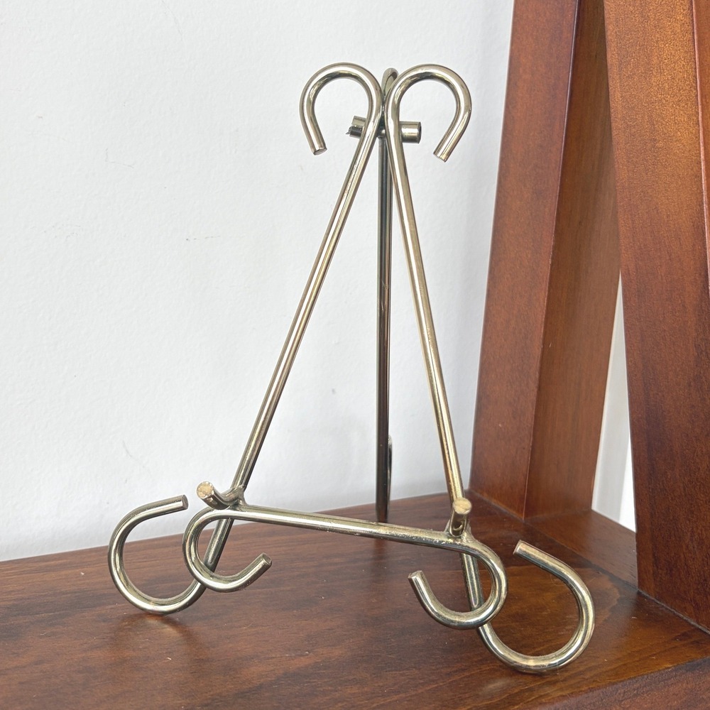 Vintage Brass Tone Metal Folding Tabletop Plate Easel Display Stand 7.5 Inch